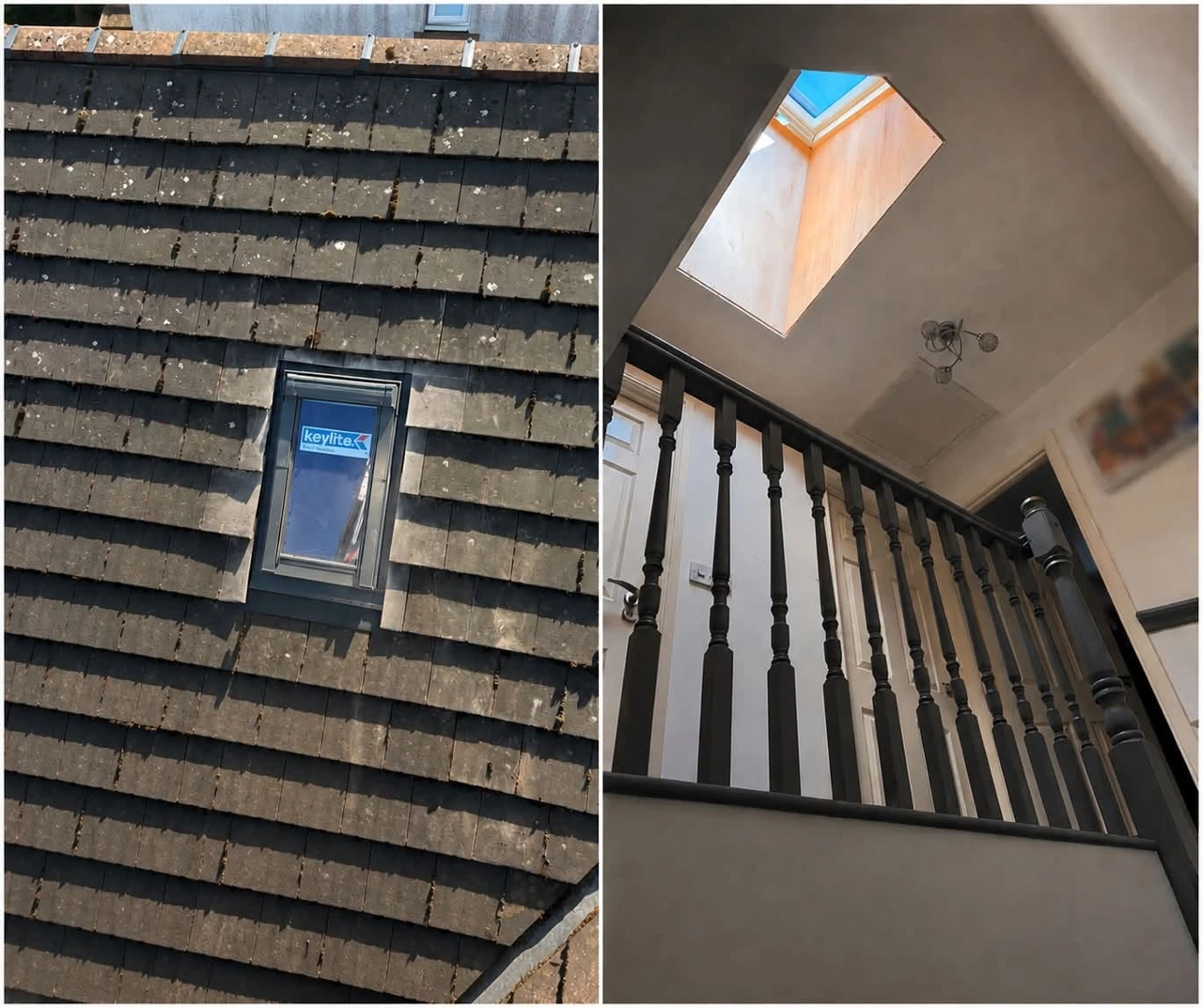 Exterior and interior views of a roof window installation