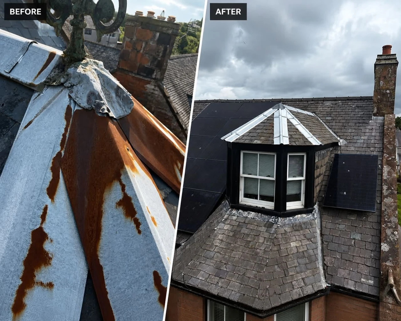 Before and after leadwork and roof detailing composite
